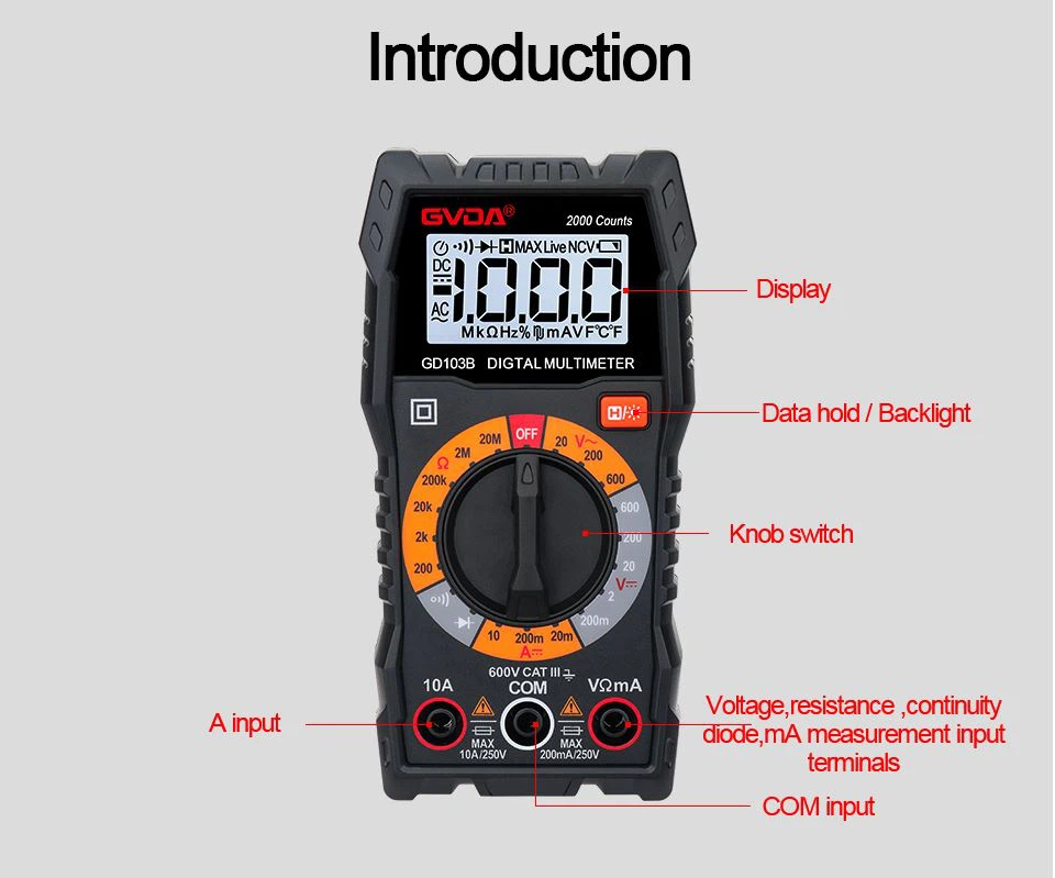 Medición de continuidad de GVDA 2000 Counts Multi Tester Manual Range GD103B